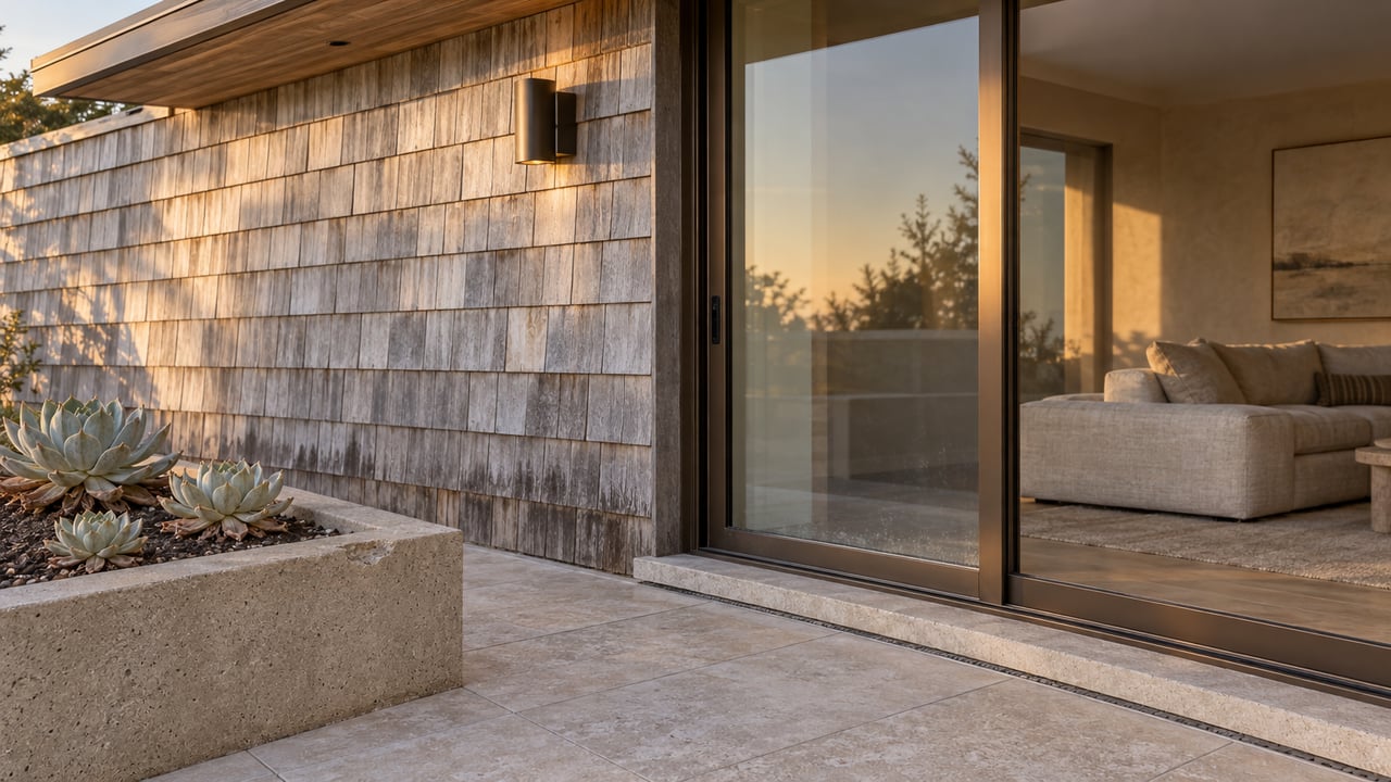 Warm sunset light grazes weathered cedar shingles and limestone paving beside closed bronze-framed terrace doors and a concrete planter with three chalky succulent rosettes.