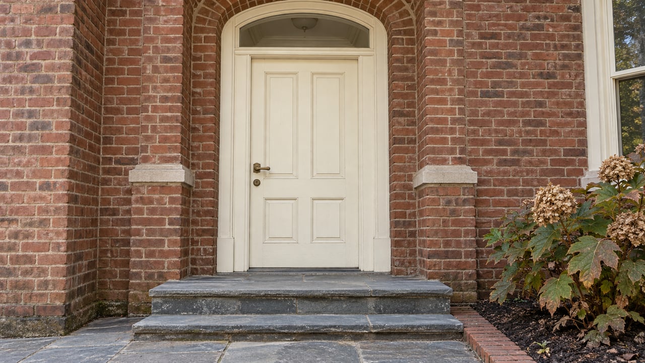 Brick entry with an ivory paneled door, arched glazed transom, worn stone steps and an oakleaf hydrangea beside the approach.
