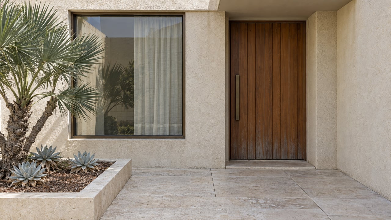 Pale stucco home entrance with a cedar door, bronze-framed window, limestone paving and sculptural succulent planting.