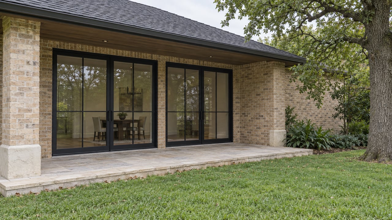 Buff brick terrace with black-framed glass doors, limestone step, lawn, and a bur oak at the edge.