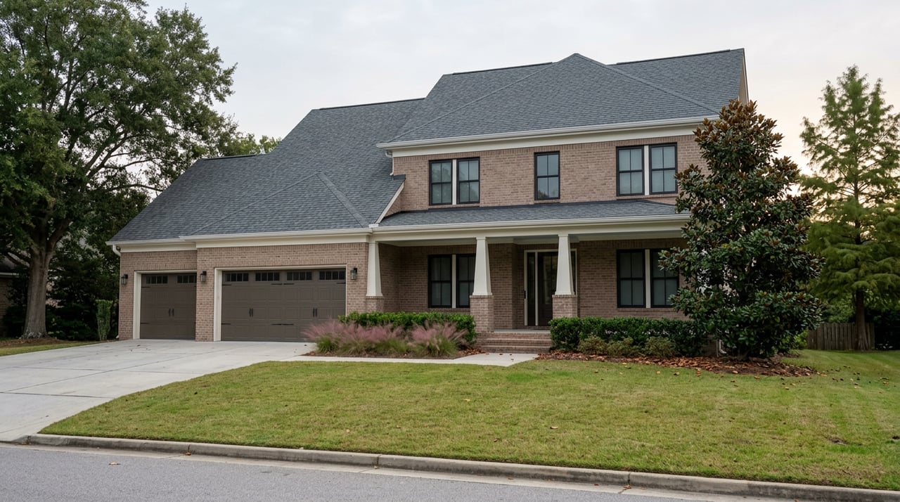 Two-story brick home with a covered porch, three-car garage, broad lawn, and mature trees flanking the facade.