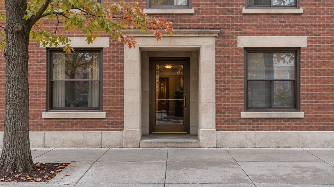 Red-brick apartment entrance with a glazed door, flanking windows, and a tree beside the sidewalk.