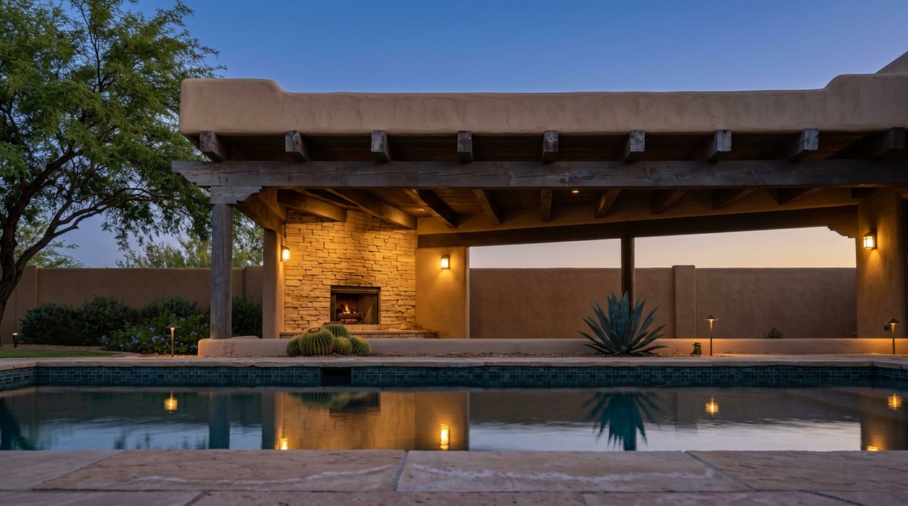 Covered patio with timber beams and a glowing stone fireplace, reflected in a backyard pool at blue hour.