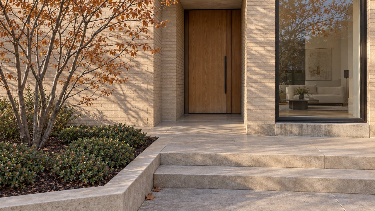 Sunlight crosses a buff-brick townhouse entry, oak door and limestone steps beside a copper-leaved serviceberry.