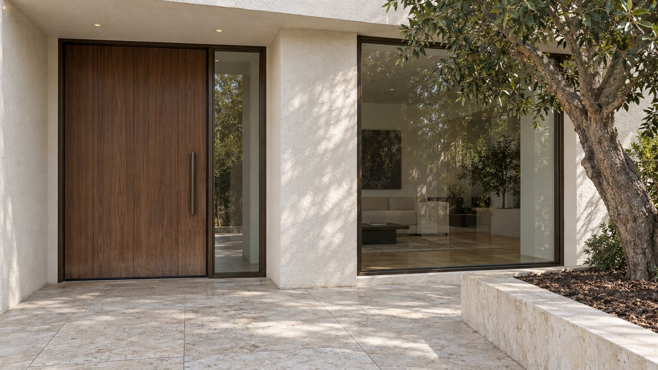 Sunlit stucco entry with a walnut door, bronze-framed glazing and limestone paving beside a mature oak.