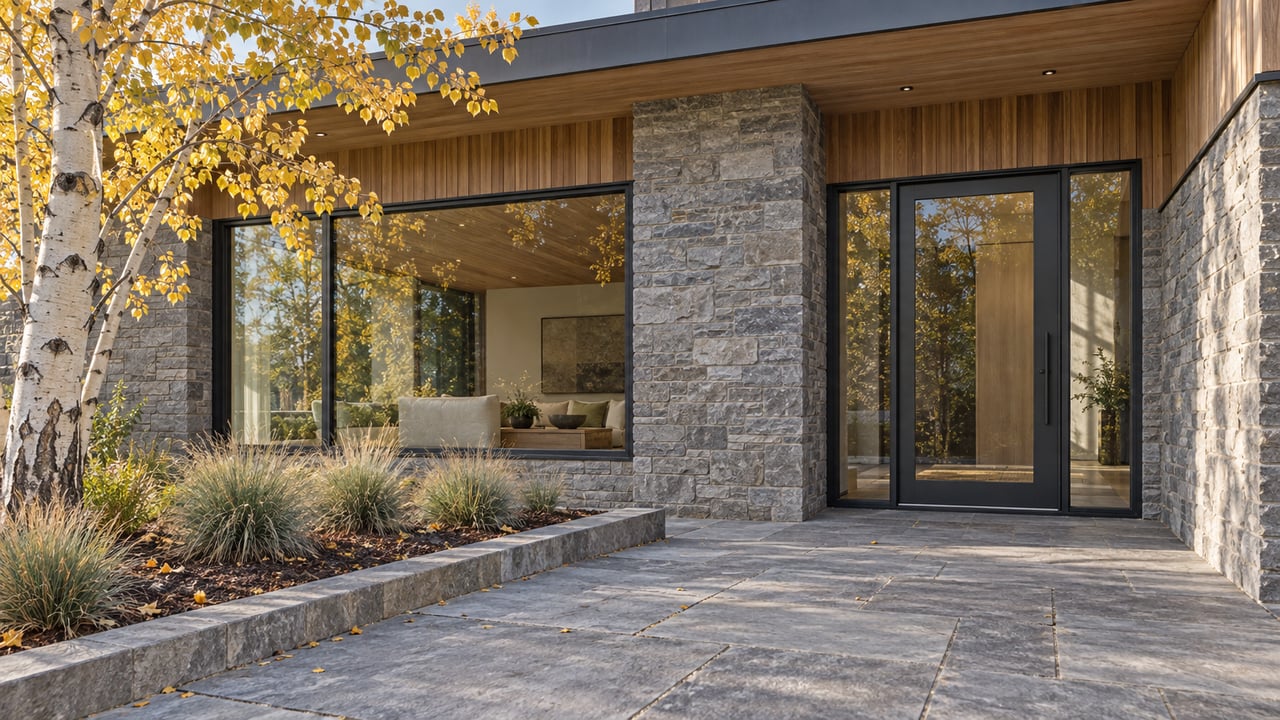 Modern stone-and-timber home entrance with glass doors, a paved patio, and golden autumn aspens.