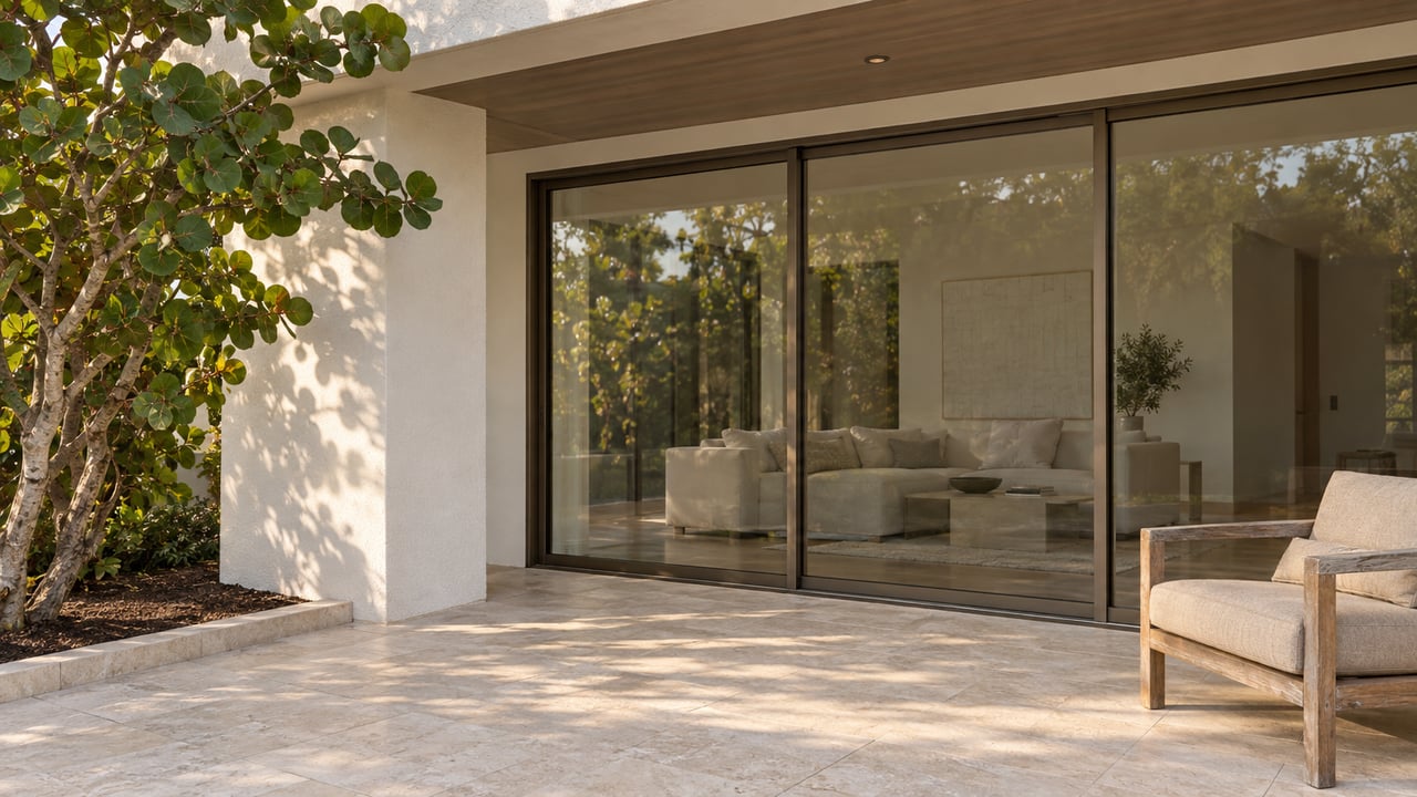 Covered limestone terrace beside white stucco walls and bronze-framed sliding glass doors, with a teak chair and a mature sea grape tree.