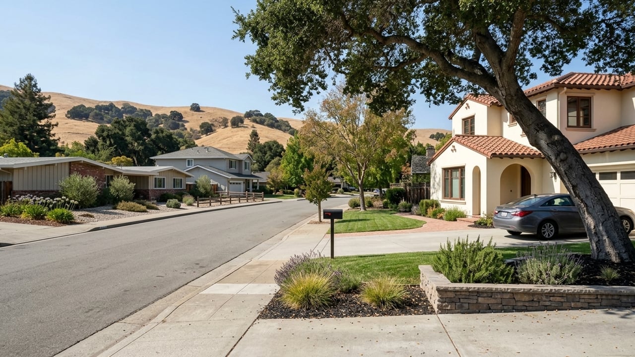 Spanish-style home on a quiet residential street, framed by a large tree and rolling hills.