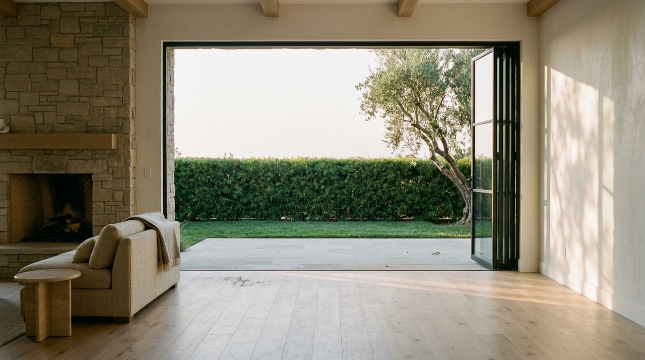 Great room with open black-framed glass doors, sunlight striping oak floor and stone terrace beyond.