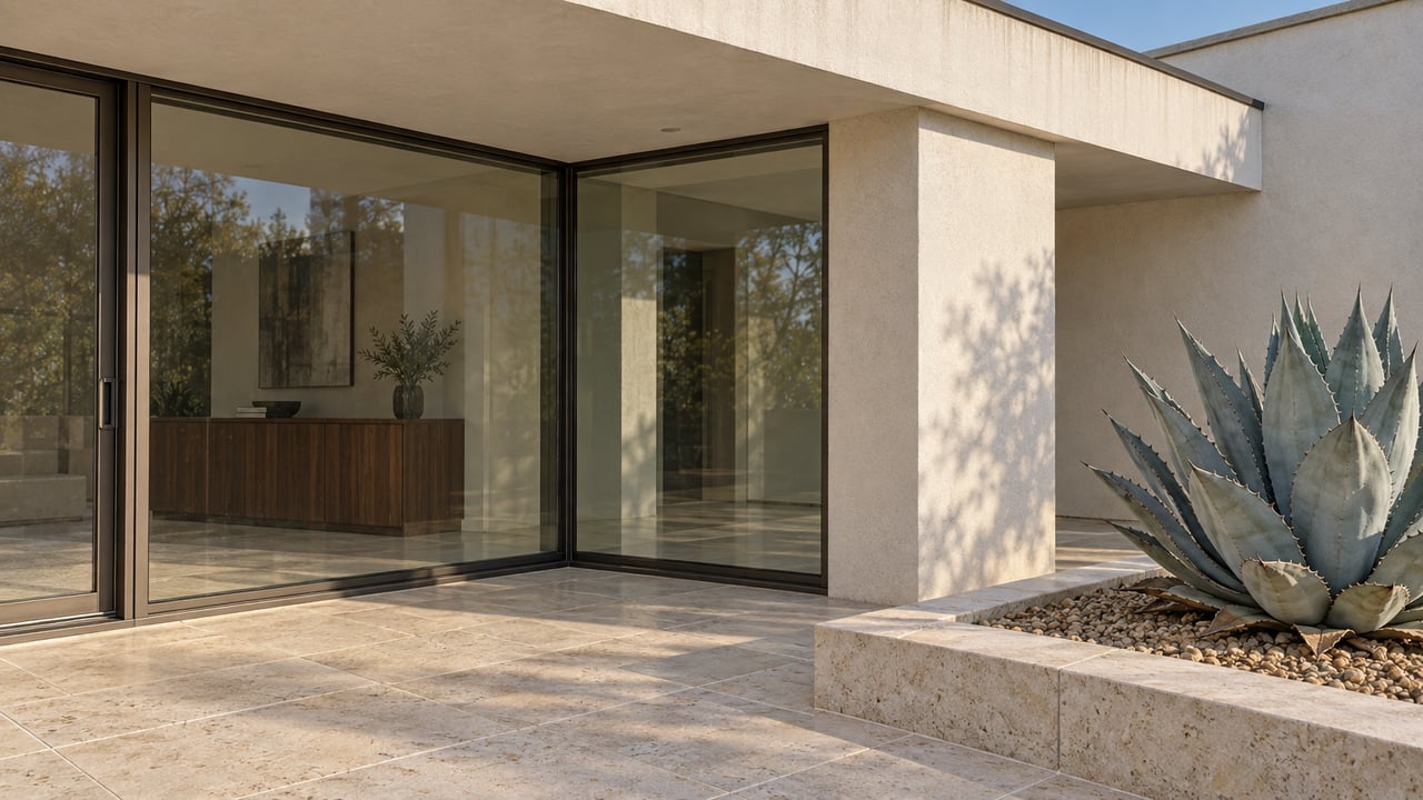 Soft sunrise light on a warm-white stucco terrace, bronze-framed glass corner and limestone planting bed holding a blue-gray agave.