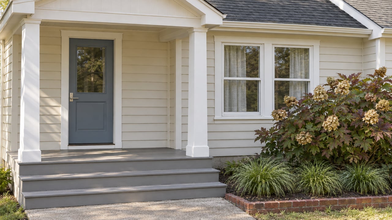 Ivory-sided cottage entry with a blue-gray door, paired sash windows, painted porch steps and a brick-edged planting bed.