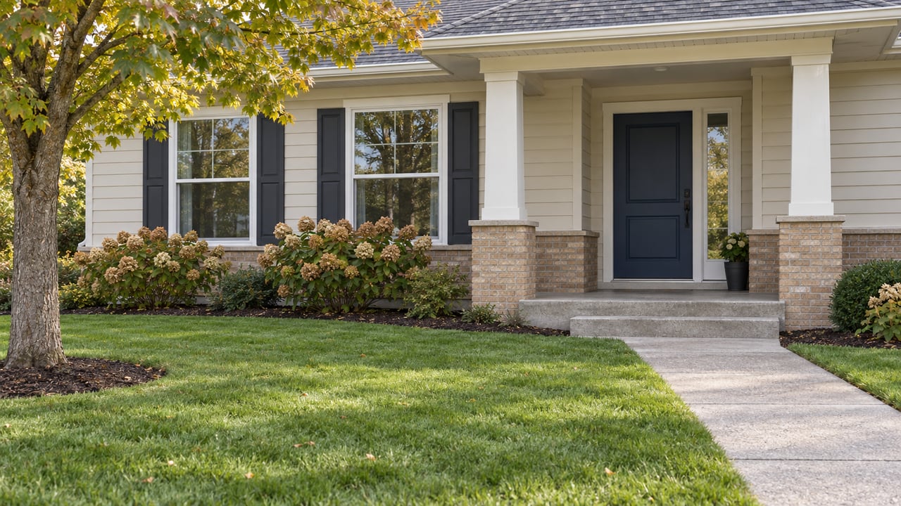 Cream-sided single-story home with a navy entry door, covered porch, deep front lawn and a mature maple tree.