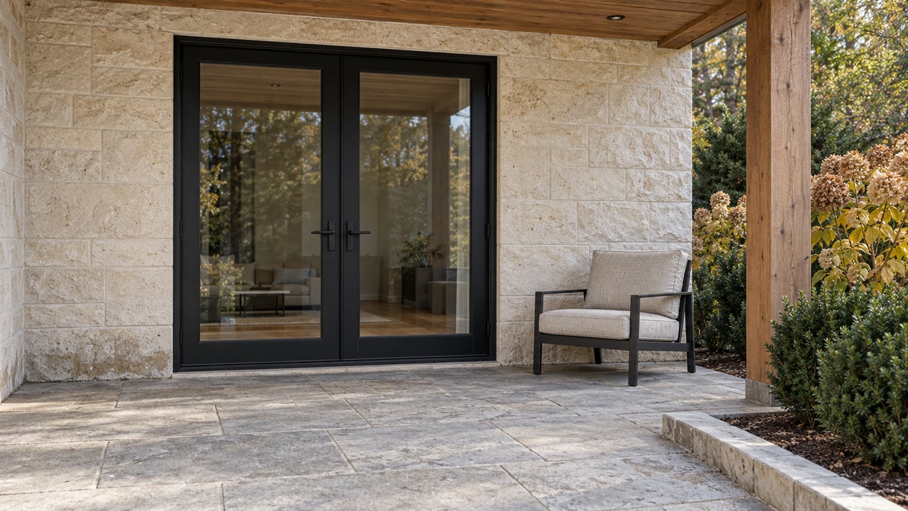 Covered stone patio with black double doors, a cushioned chair, and autumn foliage.