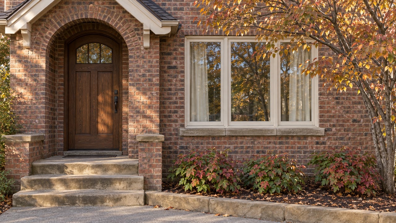 Brick home entrance with an arched oak door, sandstone steps, an ivory-framed window and autumn serviceberry foliage.