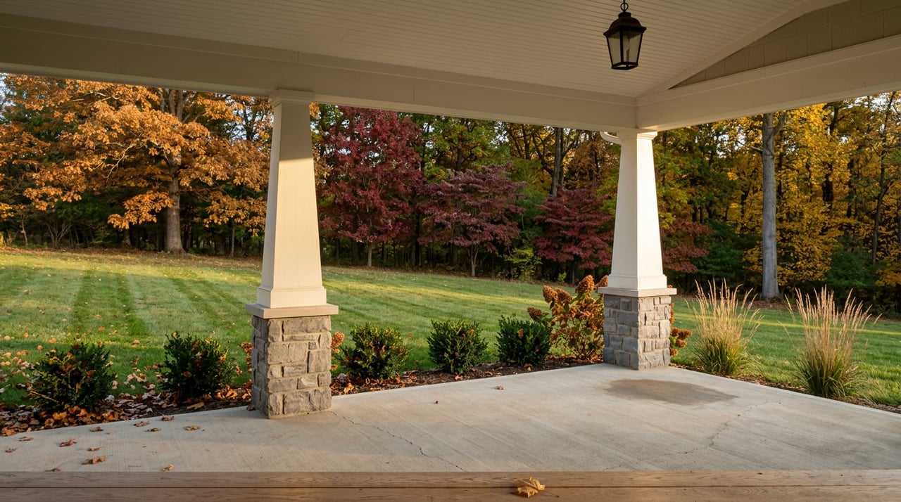 Warm-white porch columns frame a lawn and autumn tree line, with scattered leaves on the concrete slab.