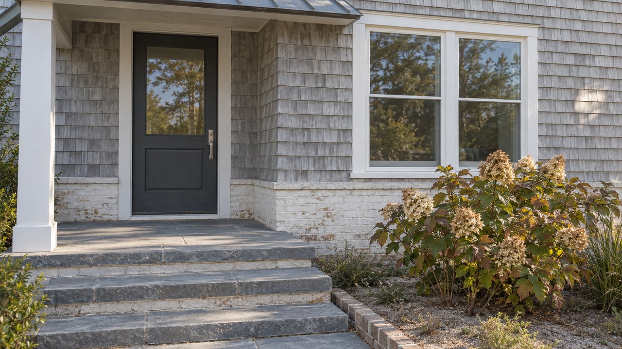 Morning light on a cedar-shingled home's glazed entry, bluestone steps and autumn oakleaf hydrangea.