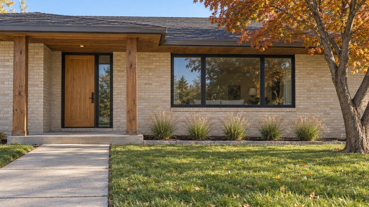 Pale brick ranch home with a timber-covered entry, black-framed windows, autumn maple, and a concrete front approach.