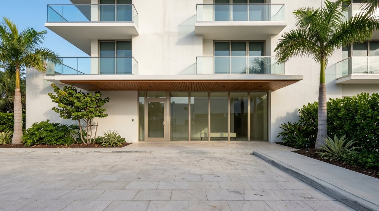 Boutique condo entrance framed by lush planting, with a glimpse of the building’s architecture.