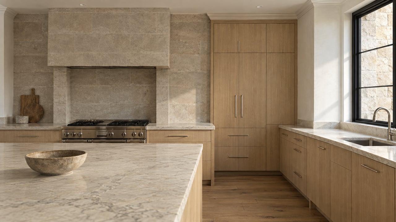 Kitchen with a limestone range wall, pale oak cabinets, and a quartzite island beside a black-framed window.