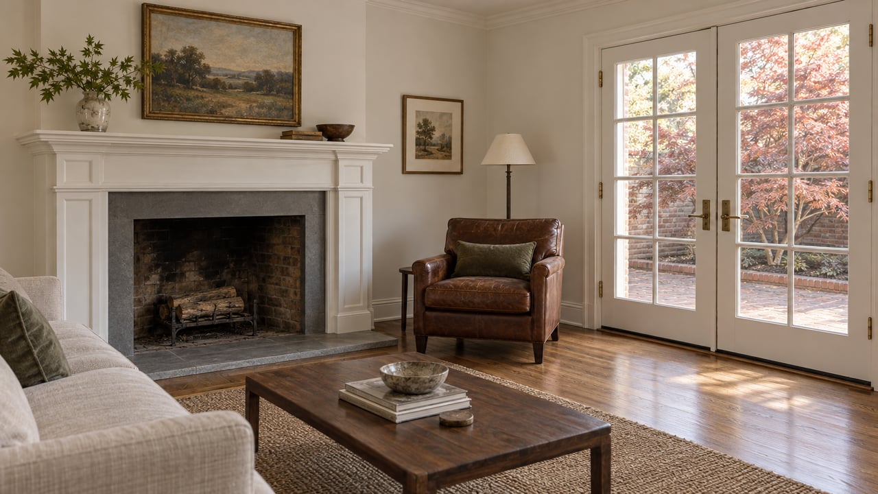 Traditional sitting room with an oak floor, painted fireplace mantel, linen sofa and leather chair beside closed glass garden doors.