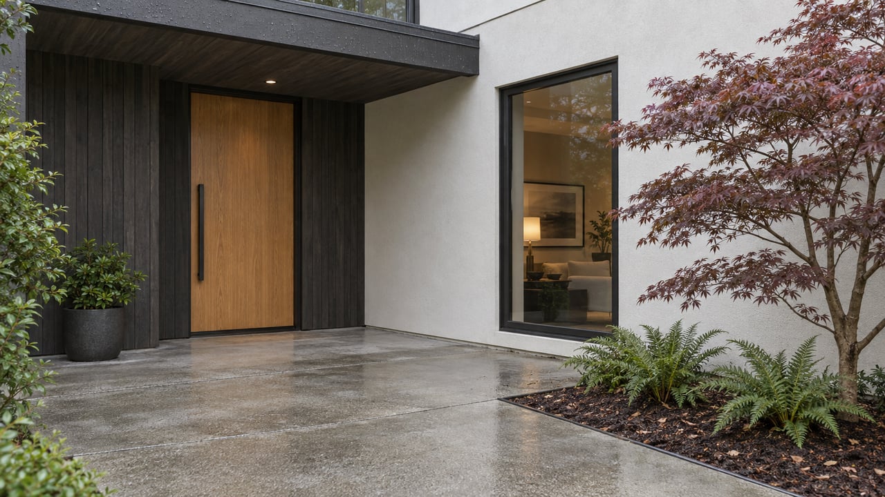 Contemporary home entry with a closed oak door, tall window, and Japanese maple in a damp garden bed.