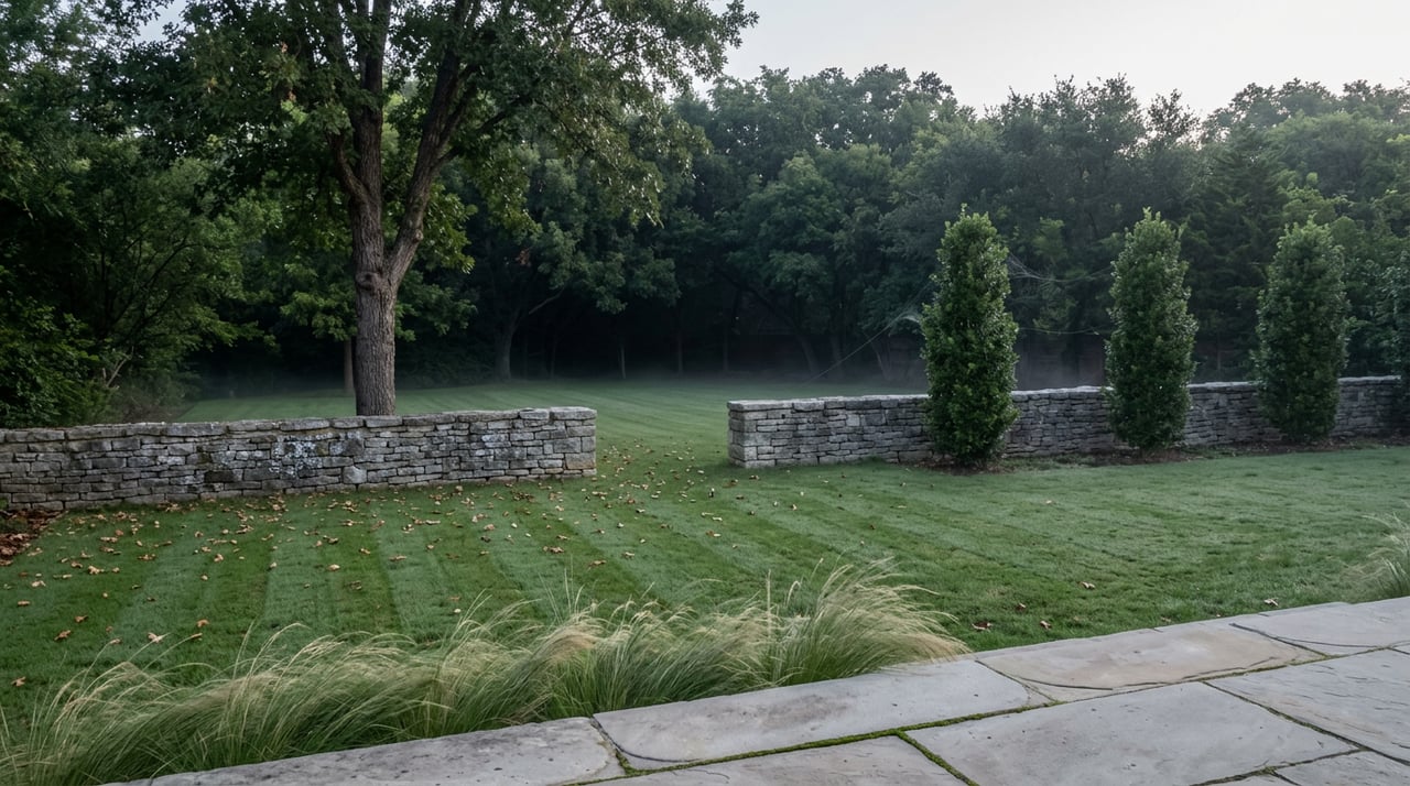Dewy lawn meets a low limestone wall with an open gap beneath mature trees.