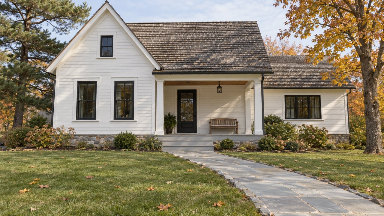 Renovated white cottage with a cedar-shingle roof, stone foundation, covered wood porch and broad autumn lawn beneath a copper-leaved maple.