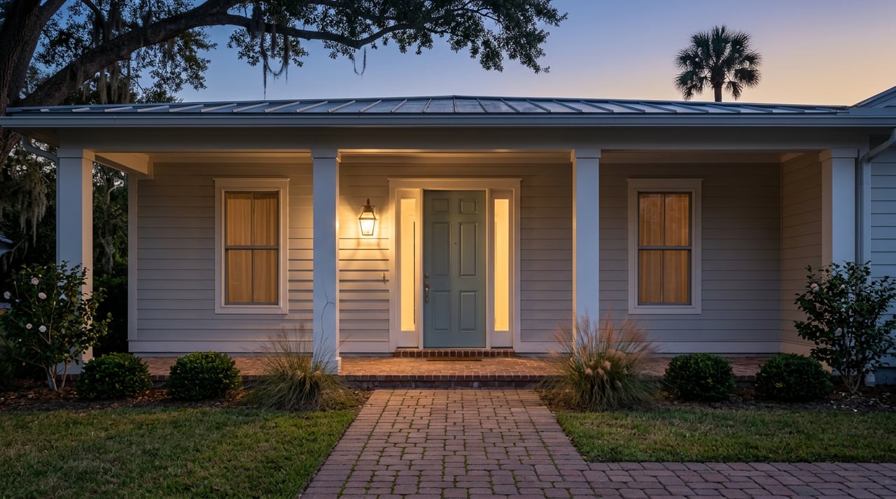 Blue-gray coastal estate entry with a sea-glass door, glowing lantern, and oak canopy at dusk.