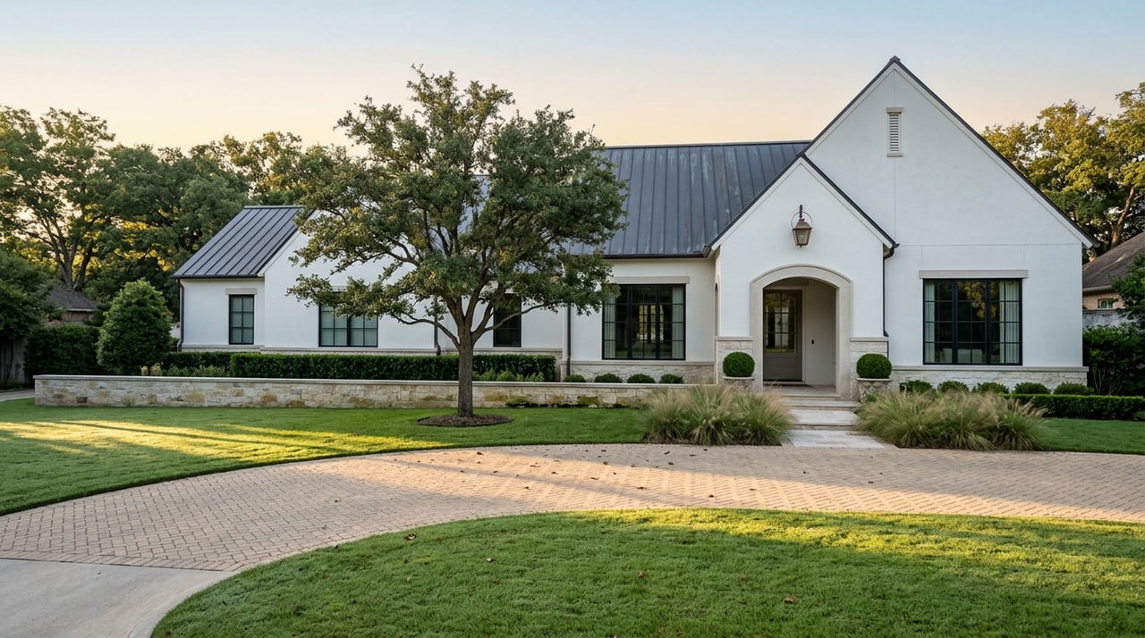 White stucco home with arched limestone entry, black grid windows, and a broad live oak beside the paver drive.