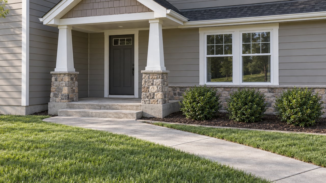 Gray lap-sided home with a covered gabled entry, paired windows, stone column bases and a concrete approach across a broad lawn.