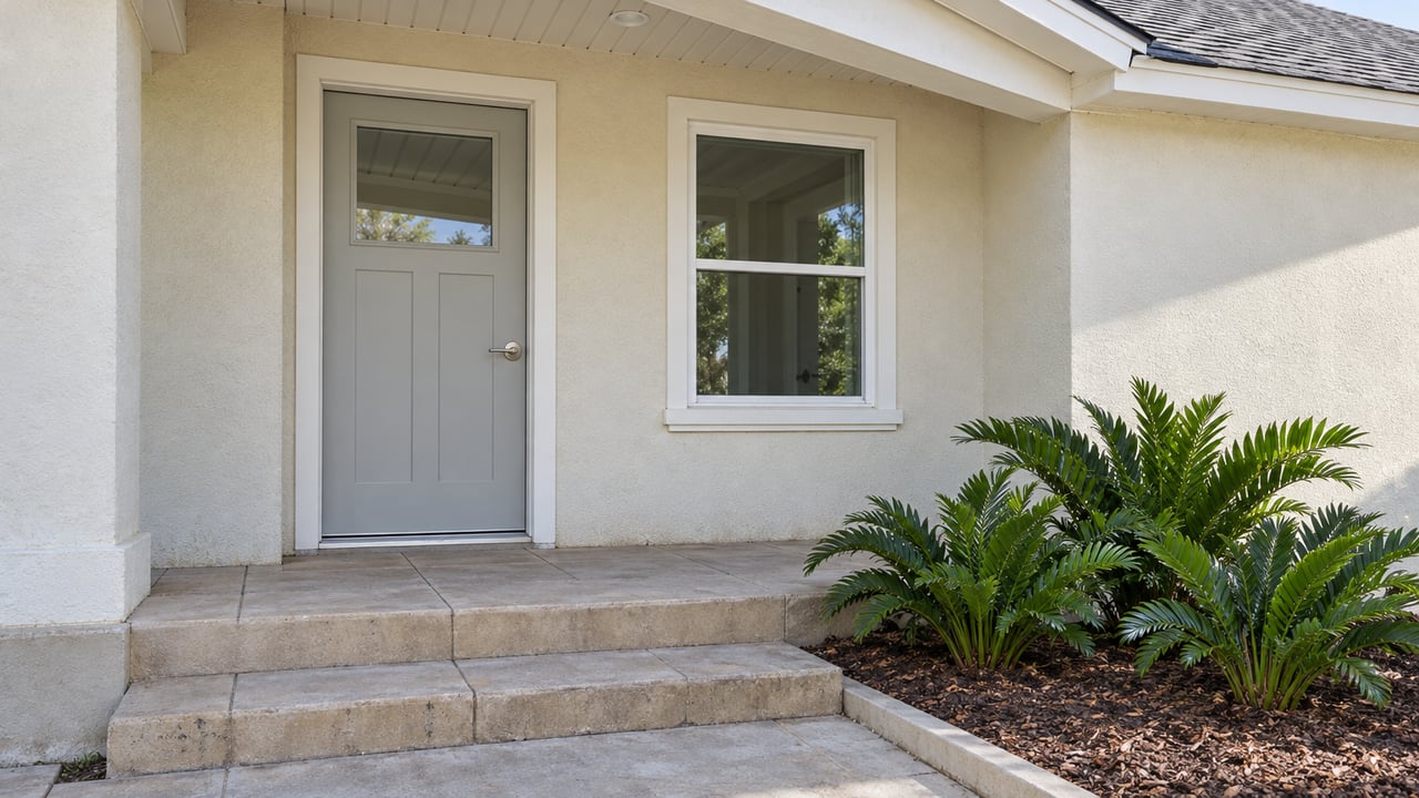 Close view of a cream-stucco home's sheltered entry, pale gray door, white-framed window and concrete-paver steps beside three coontie plants.