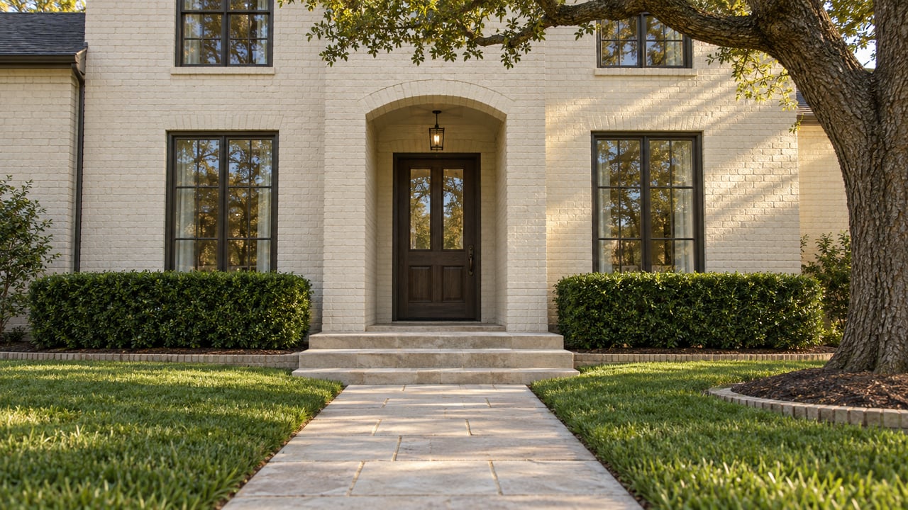 White brick house with a recessed dark wood entry, broad stone walkway, and mature tree.