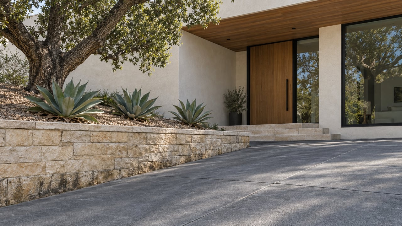 Low view of a sloping charcoal-concrete driveway leading to an oak entry, black-framed windows and a limestone retaining wall with a mature oak and sculptural agaves.