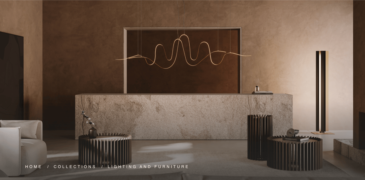 Modern living room with sculptural pendant lights, a stone console, and dark ribbed coffee tables.