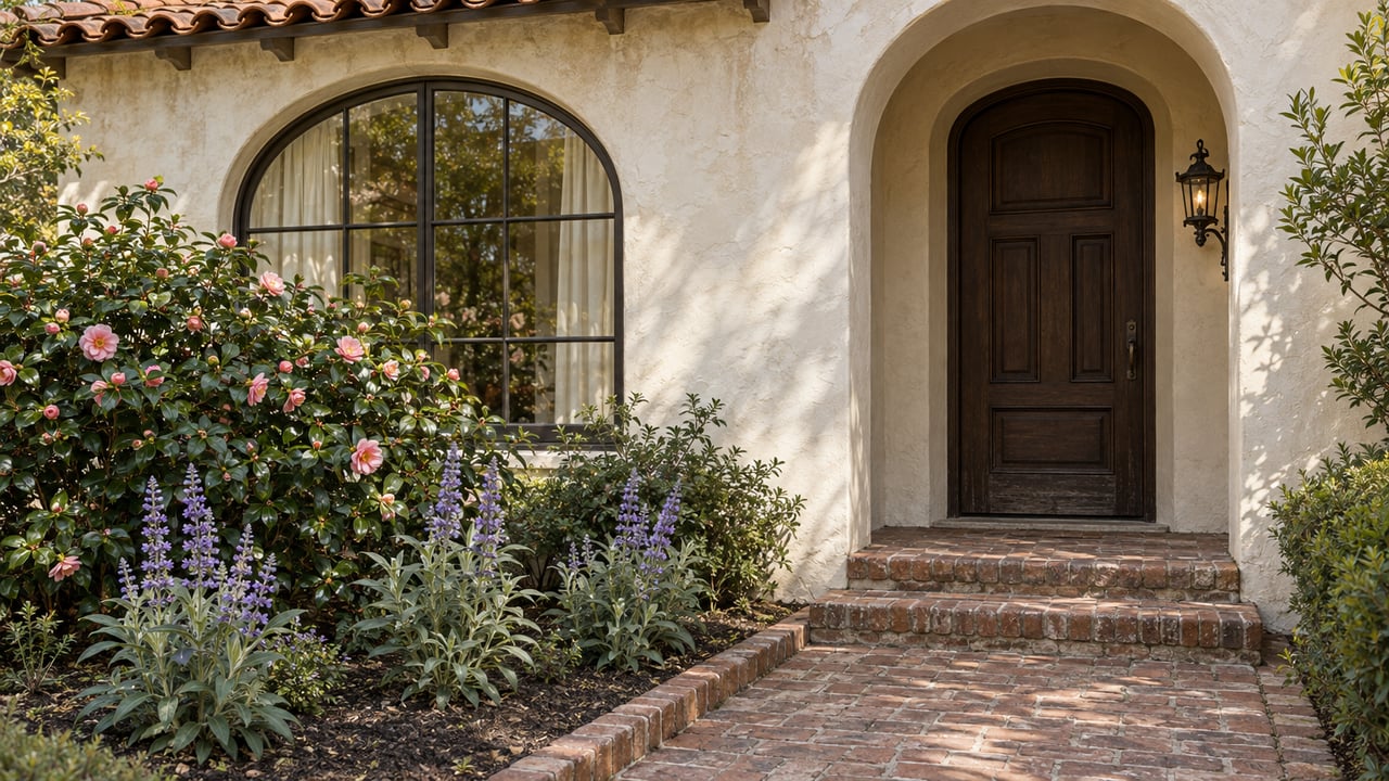 Warm afternoon light across an ivory stucco home with clay roof tiles, an arched oak entry, and a brick garden approach.