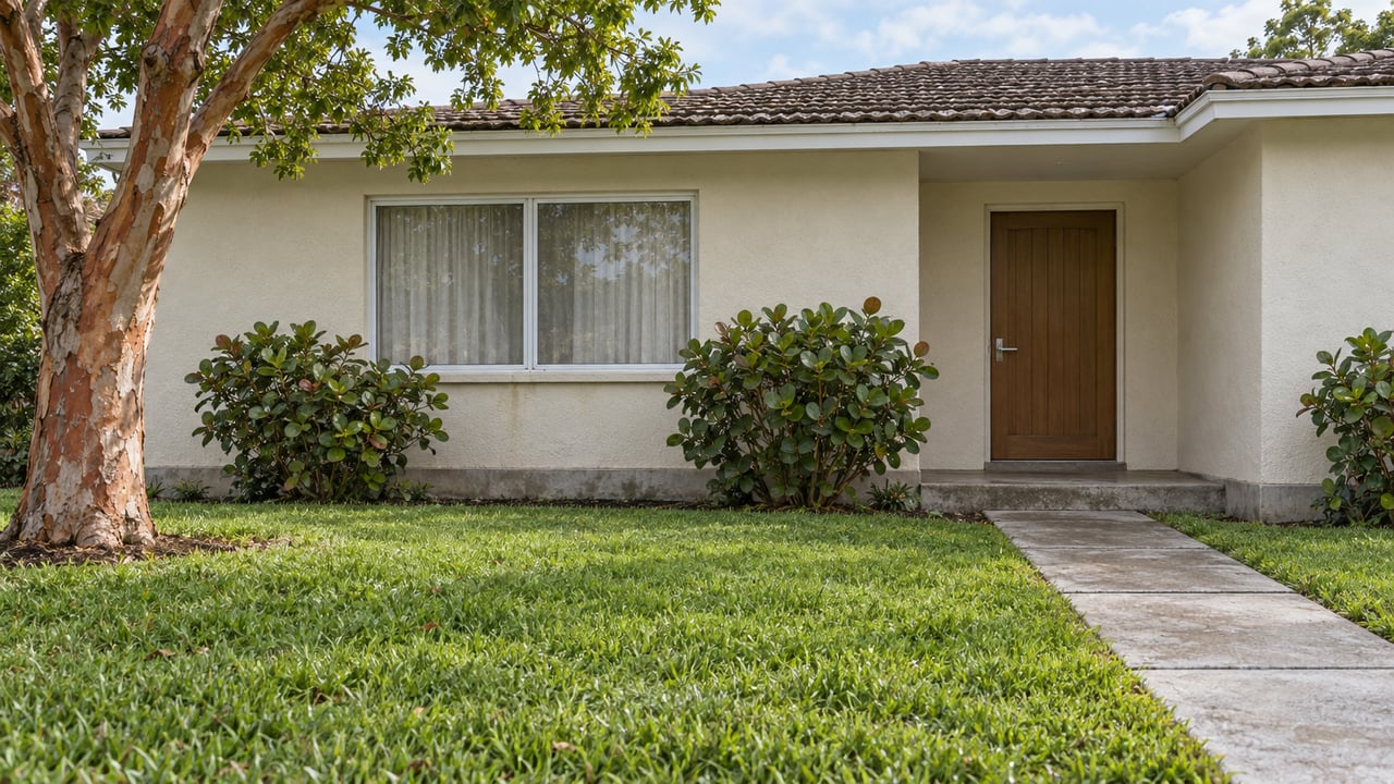 Sand-white bungalow with a shallow tiled roof, recessed wood-toned door, concrete approach and green lawn beneath a copper-barked tree.
