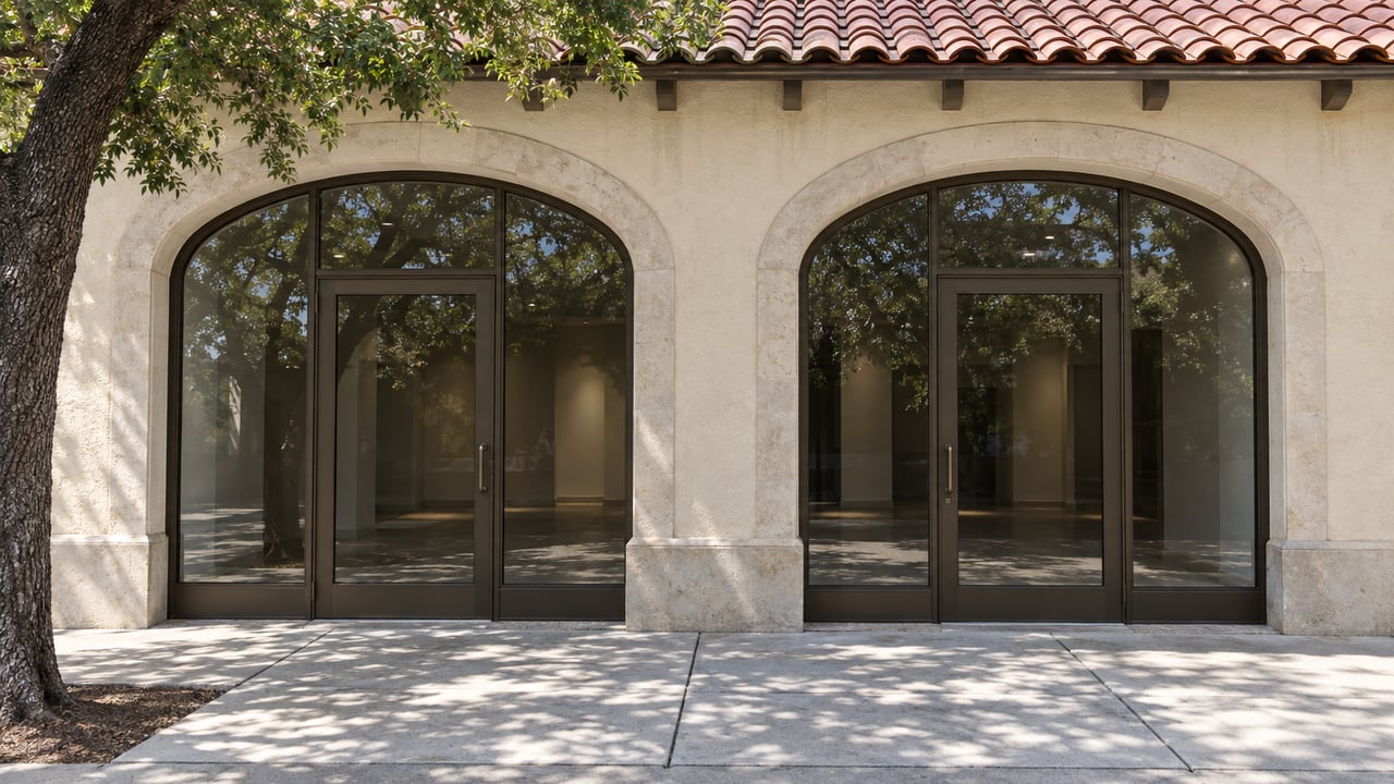 Two arched storefronts with bronze-framed glass doors beneath a terracotta eave, shaded by an oak tree.