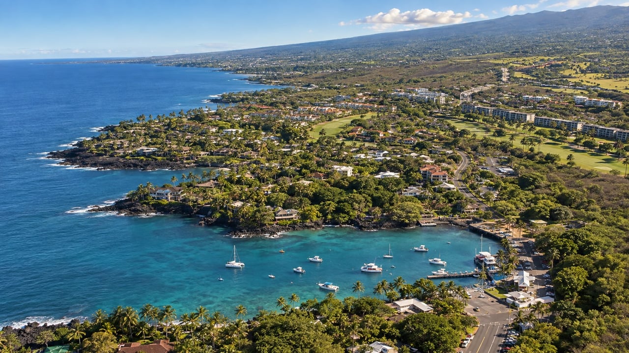 Aerial view of Keauhou Bay, with boats in the turquoise harbor and homes along the coast.