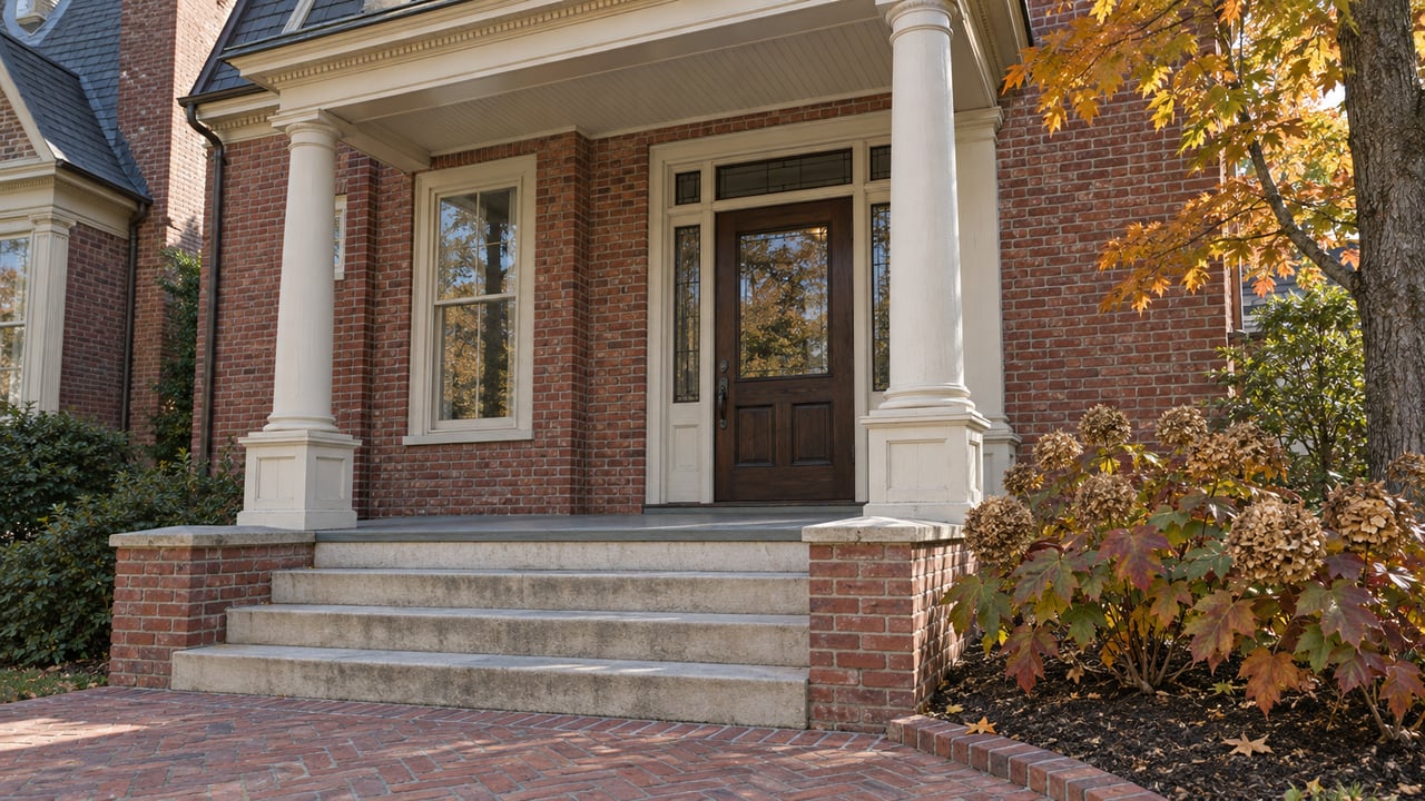 Historic red-brick house with a raised porch, glazed oak door, limestone steps, and autumn shrubs.
