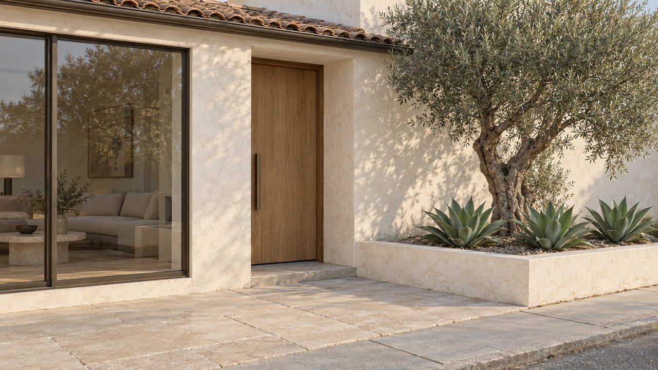 Compact stucco home with recessed oak door, bronze-framed window, and olive tree beside limestone pavers.