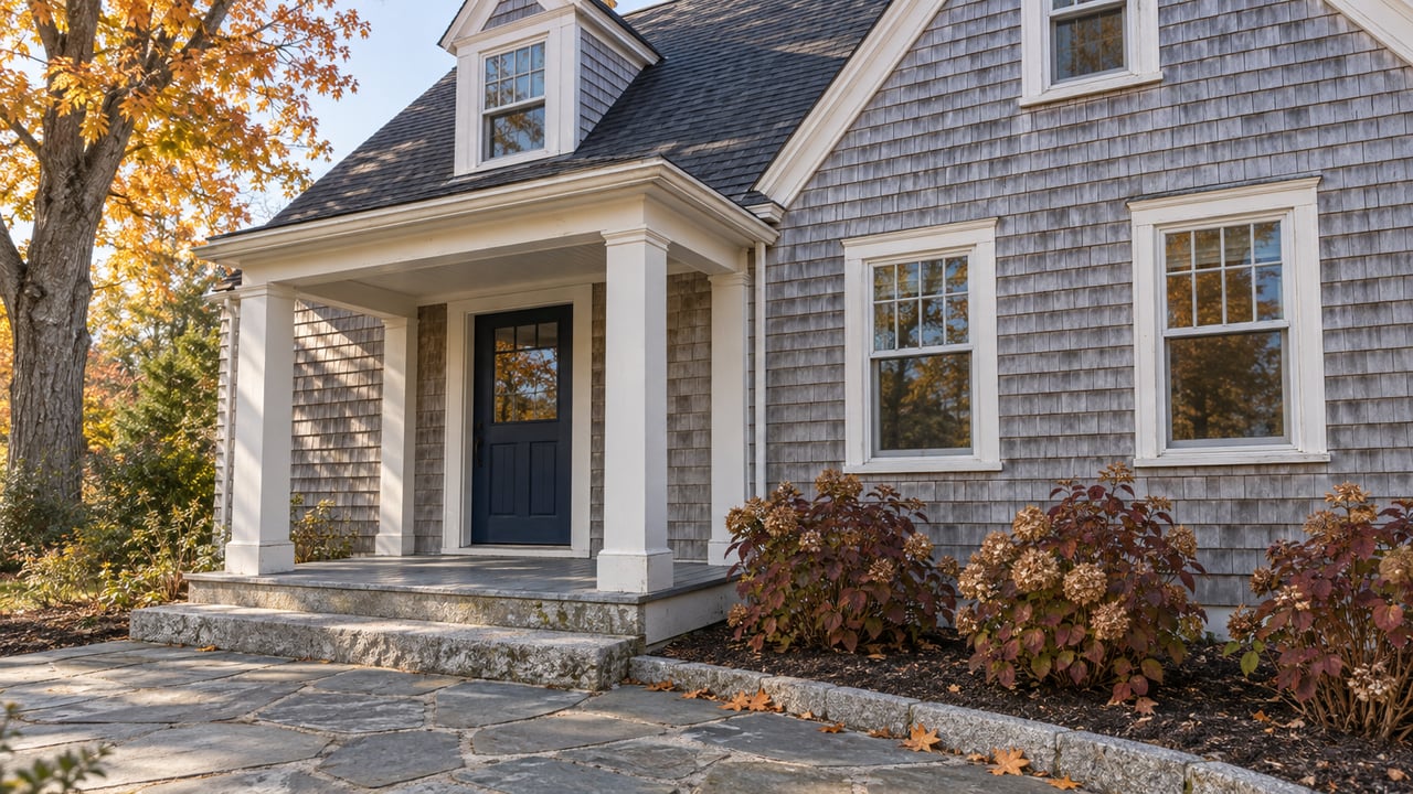 Weathered gray shingle home with a covered navy entry, granite steps, and autumn maple and oakleaf hydrangea foliage.