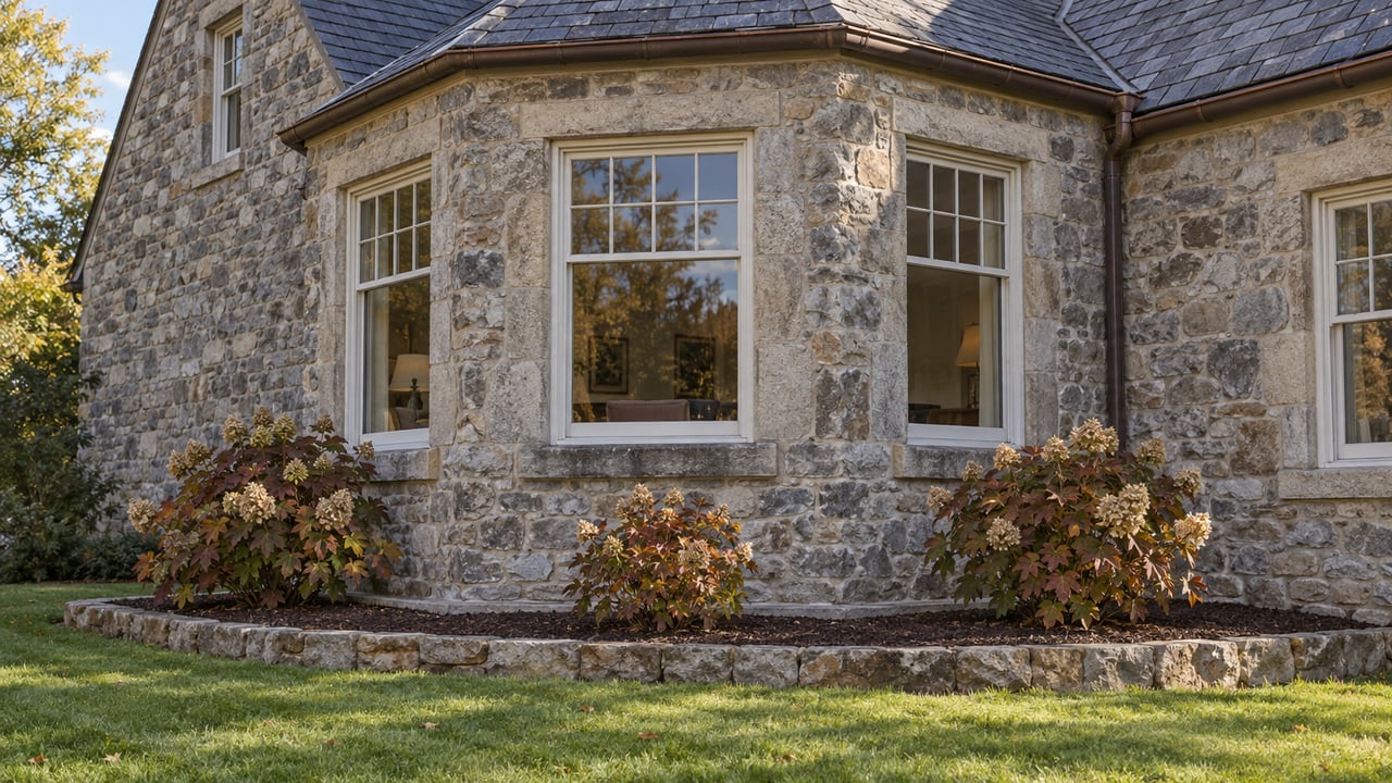 Sunlight grazes a weathered stone house's window bay, slate gable and oakleaf hydrangeas above a green lawn.