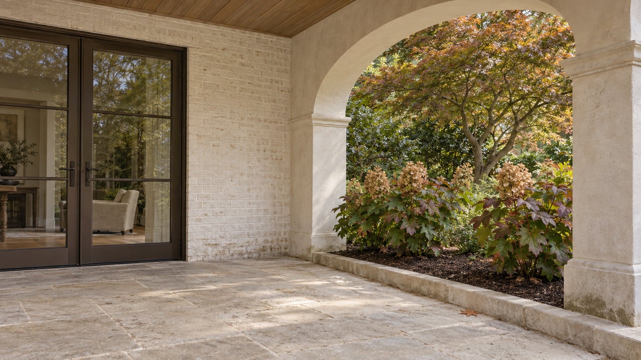 Covered limestone terrace with an ivory arch, bronze-framed glass doors and a garden of oakleaf hydrangeas beside a Japanese maple.