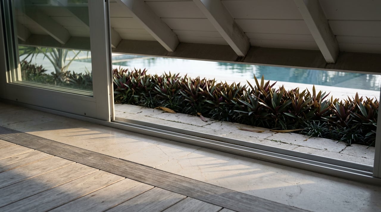 Limestone tile meets silvered teak at an open lanai threshold, with a maroon-green hedge and palm beyond.