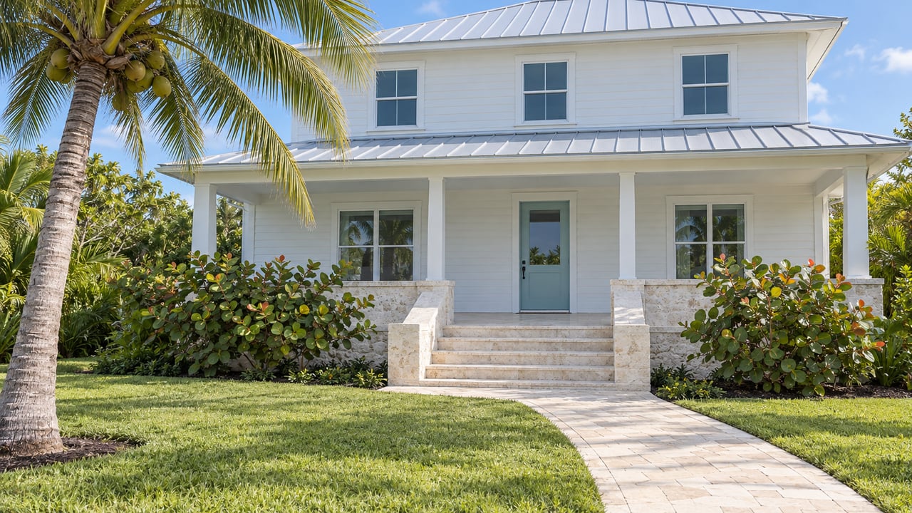 White two-story coastal house with a silver metal roof, sea-glass blue door, limestone entry steps, coconut palm and sea grape planting.