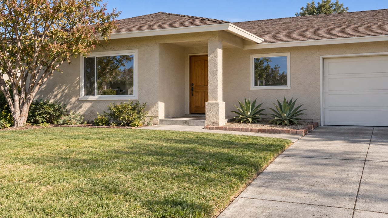 Beige single-story stucco home with a shaded entry, white garage door, deep front lawn and brick-edged agave planting.