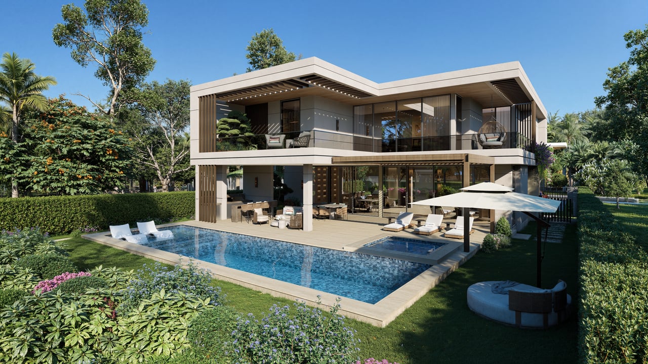 Modern two-story home with glass walls, a swimming pool, and tropical landscaping.