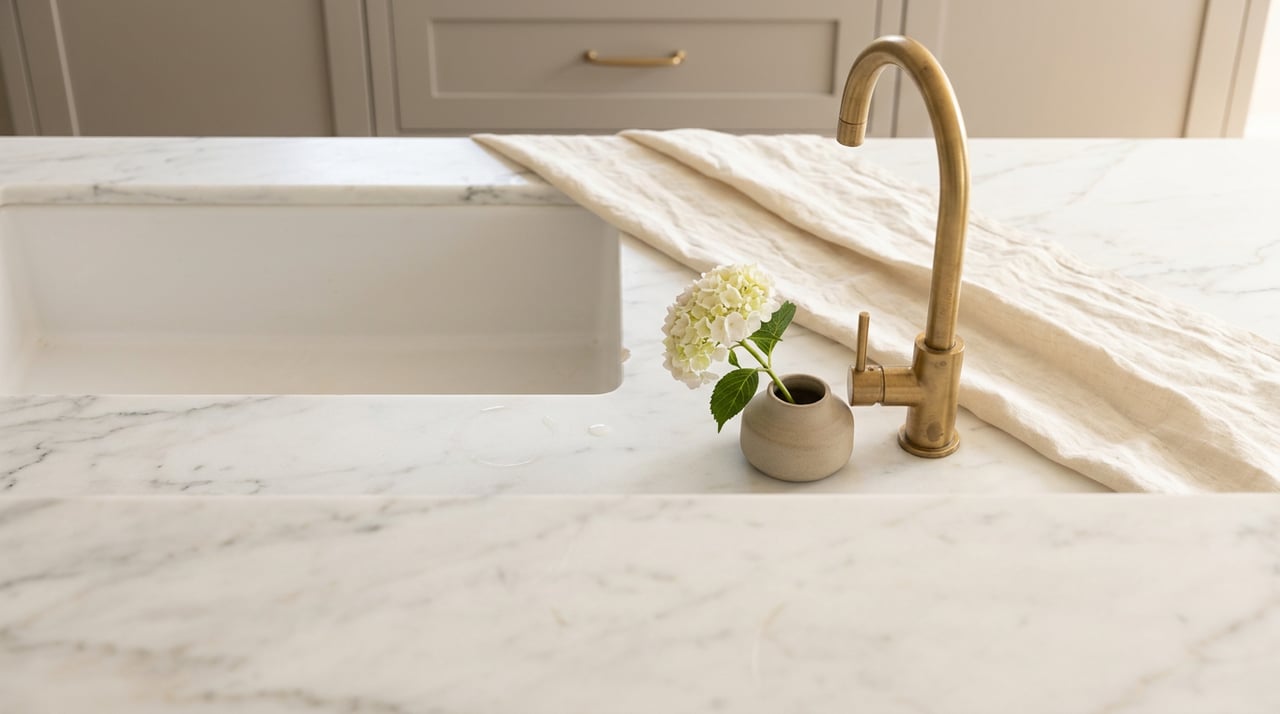 Overhead kitchen counter with a white apron sink, patinated brass faucet, folded linen, and a hydrangea in a stoneware vessel.