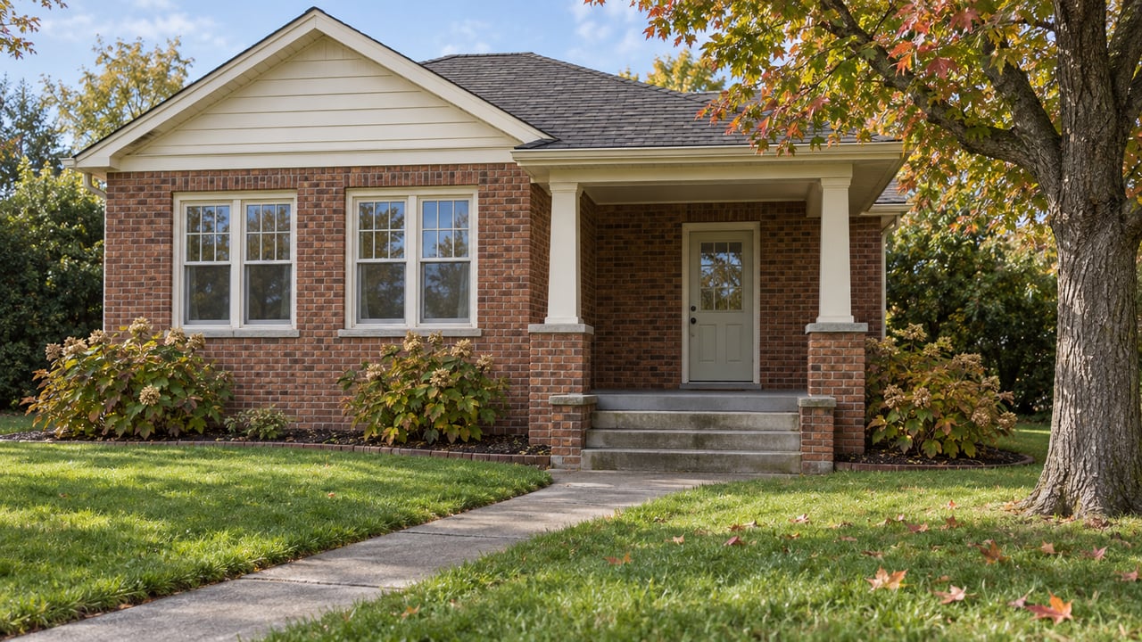 A brick bungalow with cream trim, a small covered porch and a concrete walk through an autumn lawn.