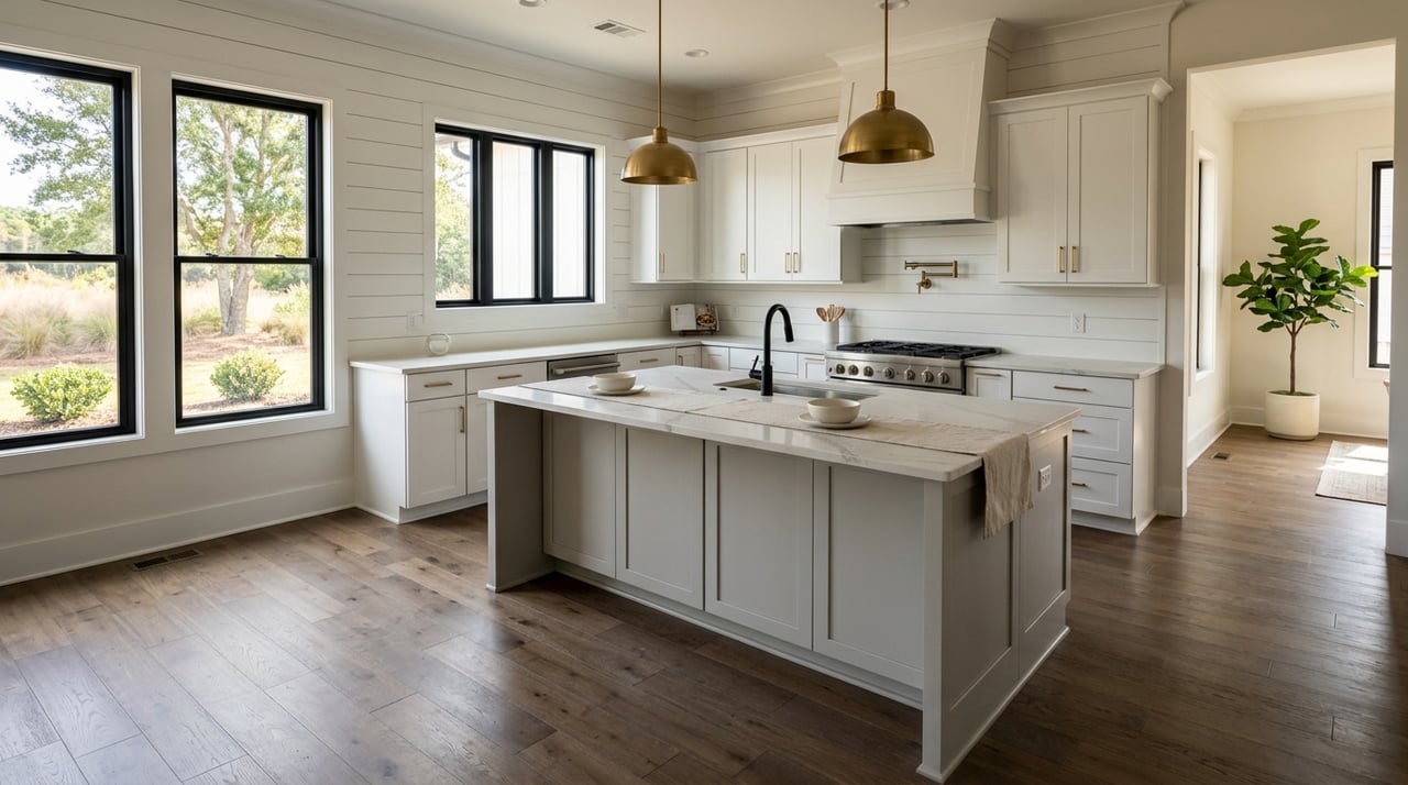 Bright open kitchen with modern farmhouse finishes and a clean, uncluttered countertop.